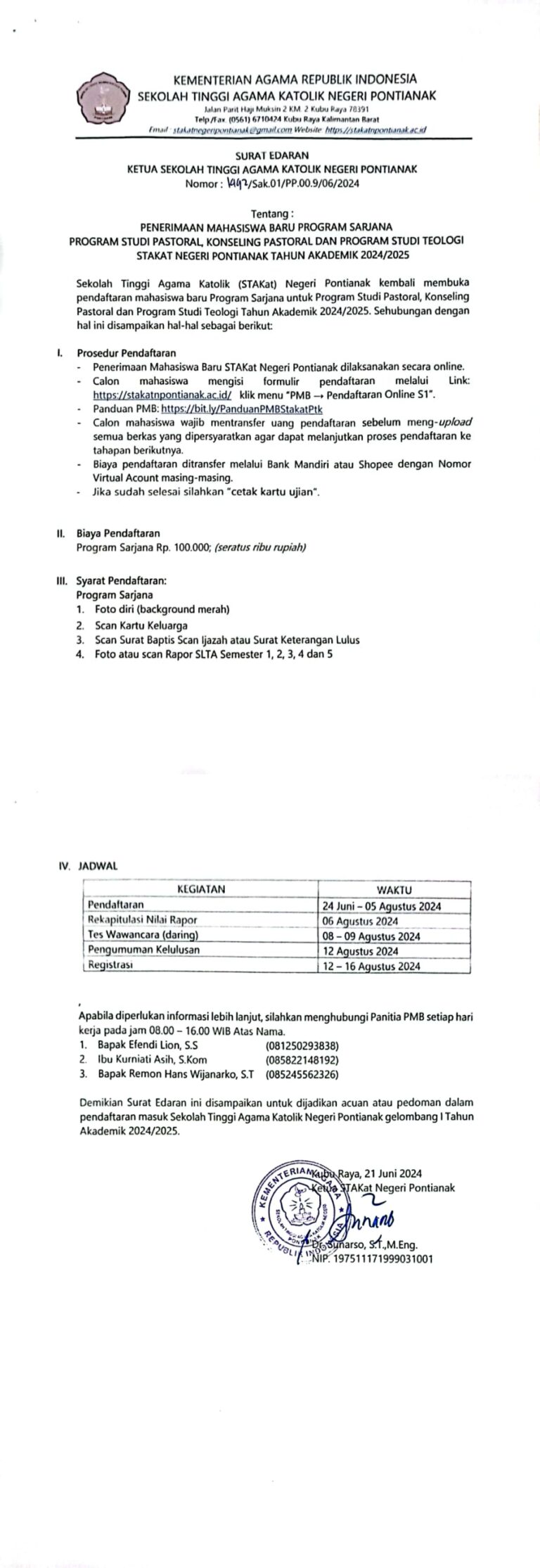 Surat Edaran Tentang PMB Program Studi Pastoral, Program Studi Konseling Pastoral, dan Program Studi Teologi Sekolah Tinggi Agama Katolik Negeri Pontianak Tahun Akademik 2024/2025